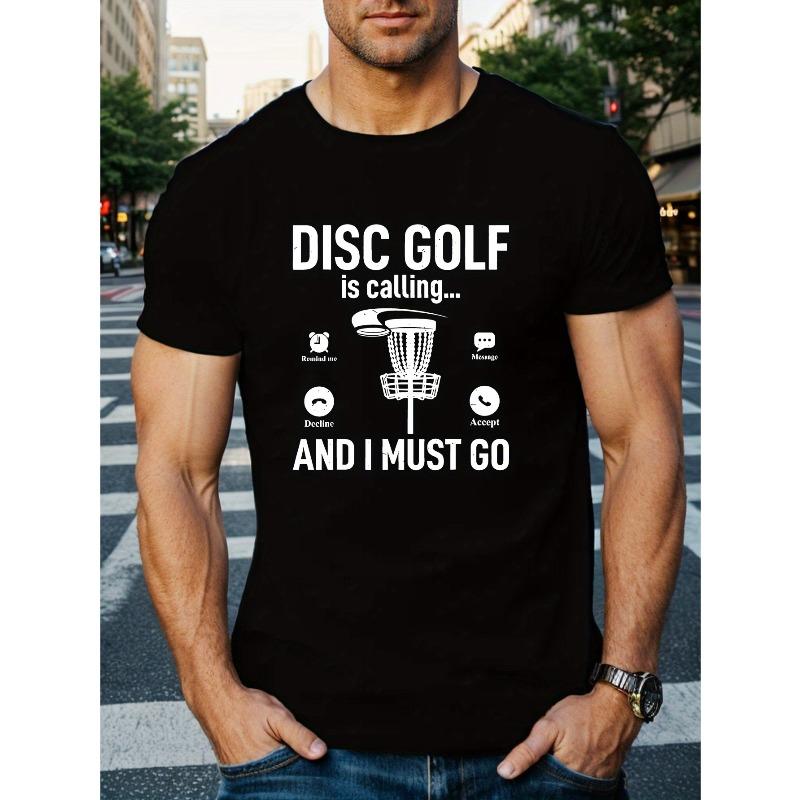 European Size DISC GOLF AND I MUST GO Print Men's Short Sleeve T-Shirts, Comfy Casual Elastic Crew Neck Tops For Men's Outdoor Activities