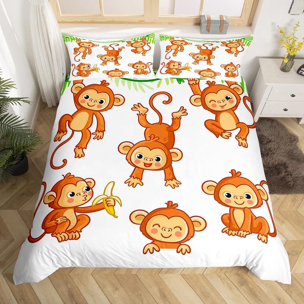 Cute Monkey Bedding Set Full Twin Cartoon Banana Stars Duvet Cover Tropical Wild Animal Fruit Comforter Cover Yellow Quilt Cover
