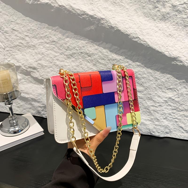 Modische Damen-Tasche mit Color-Blocking und Patchwork-Design, Karomuster, Geeignet zum Tragen über der Schulter oder als Crossbody-Tasche, Perfekt für Freizeitaktivitäten
