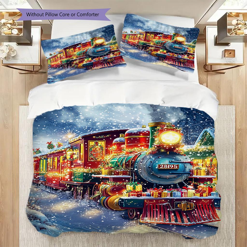 Train Pattern Bedding Quilt Set Quilt Cover Pillowcase Home Decoration Birthday Gift (1 * duvet cover + 2 * pillowcase, without core)