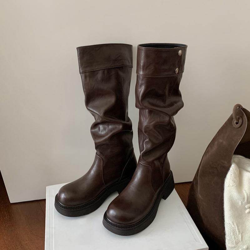 

Retro versatile new wasteland wind pleated stacking boots two wear foldable long boots thick heel thick sole high knight boots 40 коричневый