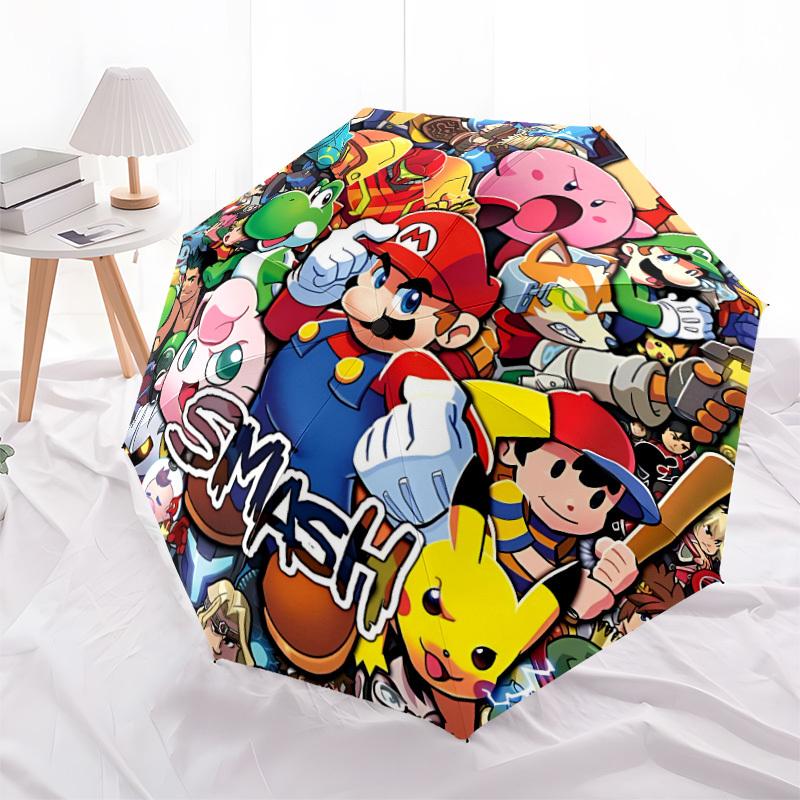 1 PZ Super Smash Bros. Ombrello Automatico con Personaggi 8 Stecche Pieghevole Portatile Telaio in Ferro Nero per Esterno, Spiaggia, Viaggio, Ombrellone da Spiaggia 0905180