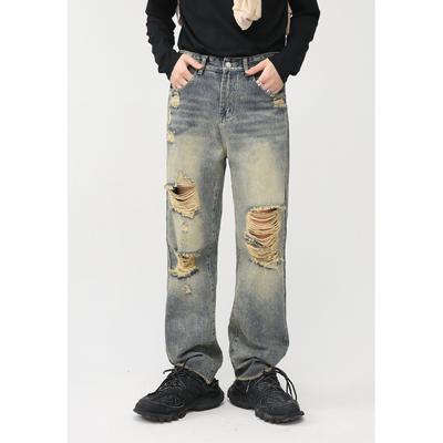 Roupas masculinas novo produto retro vintage antigo buraco de lavagem design jeans perna reta para homens