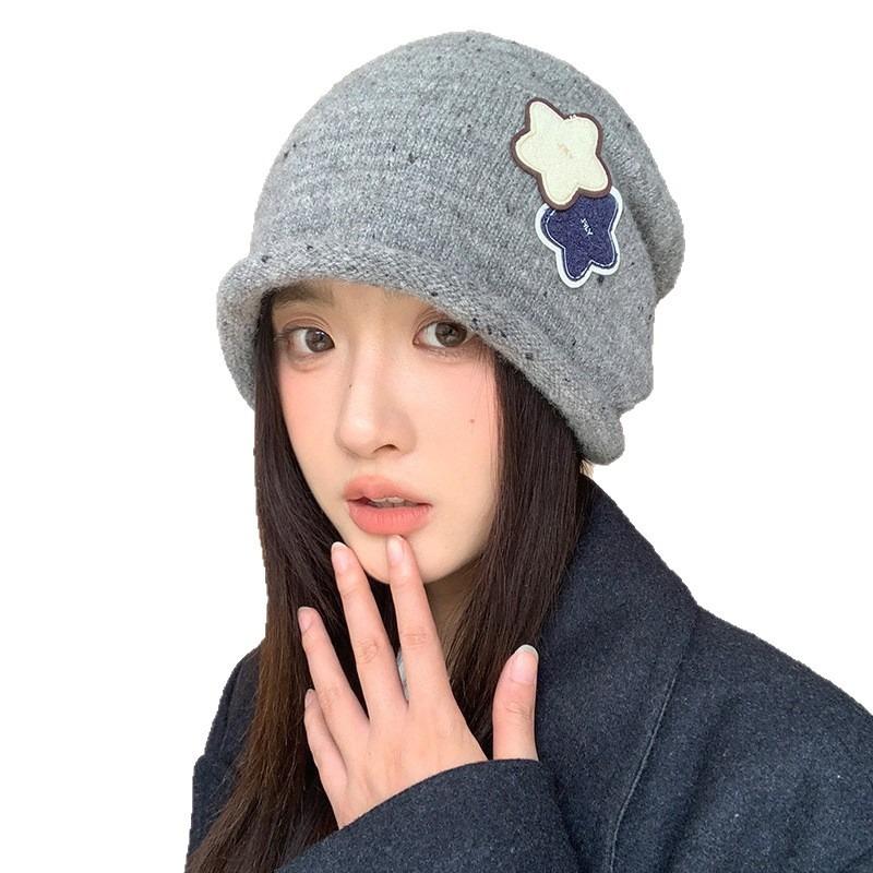 Versatile Hat Women's Big Head Circumference Showing Face Small Pile Hat Star Pullover Hat Warm Knitted Wool Hat Men