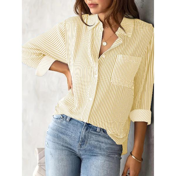 Women's Fashion Casual Spring Fall Stripe Print Long Sleeve POLO Neck Blouses & Shirts