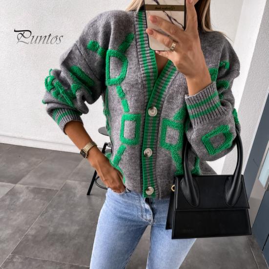 Cardigan V Neck Long Sleeve Ribbed Trim Knitted Coat Autumn Knit Winter Striped Pattern Buttons Placket Loose Sweater Outerwear Women Knitwear