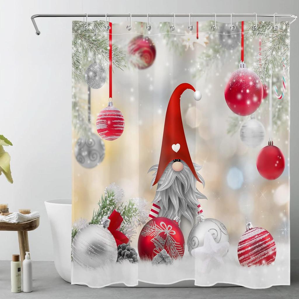Christmas Shower Curtain for Bathroom,Xmas Pine Tree Forest and White Snowflake on Pink Shower Curtain with Hooks WinterBathroom