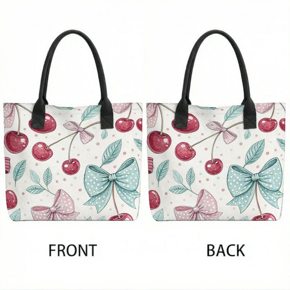 Cute Cherry Bow Printed Canvas Tote Bag Fashion Casual Large Capacity Portable Daily Outdoor Shopping Shoulder Handbag for Women