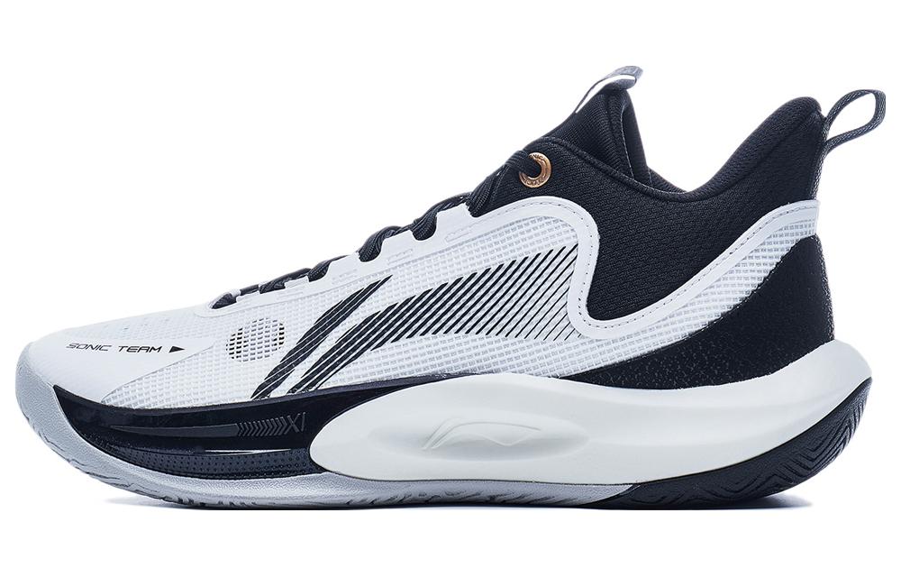 Li Ning Sonic Team Текстиль, Синтетическая кожа, TPU Амортизация Средняя высота Баскетбольные кроссовки Мужские Белый Черный ABPT057-1 40