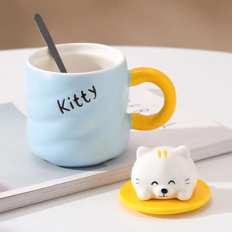 Marshmallow Animal Ceramic Cup,drinking Cup Household with Lid Spoon Underglaze Color Couple Cute Mug Microwave Oven Can Be Used