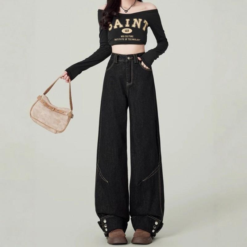 Womens Baggy Straight Leg Jeans American Vintage Loose Fit Wide Denim Pants Couple Style