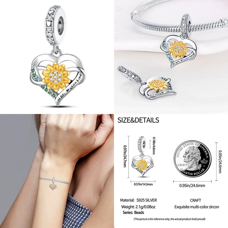 925 Silver Sunflower Butterfly Flower Heart Charm for 3mm DIY Bracelet, Beautifully Beaded DIY Fashion Maker Gifts