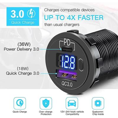 Prise d'alimentation chargeur rapide de voiture 12V Port USB QC3.0 et PD Adaptateur chargeur de voiture avec voltmètre LED et interrupteur marche/arrêt