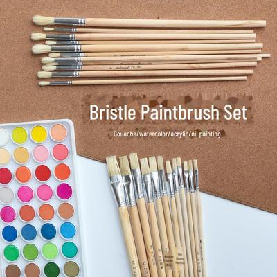 12-Piece Bristle Wooden Brush Set: Flat & Round Heads for Student Gouache & Oil Painting