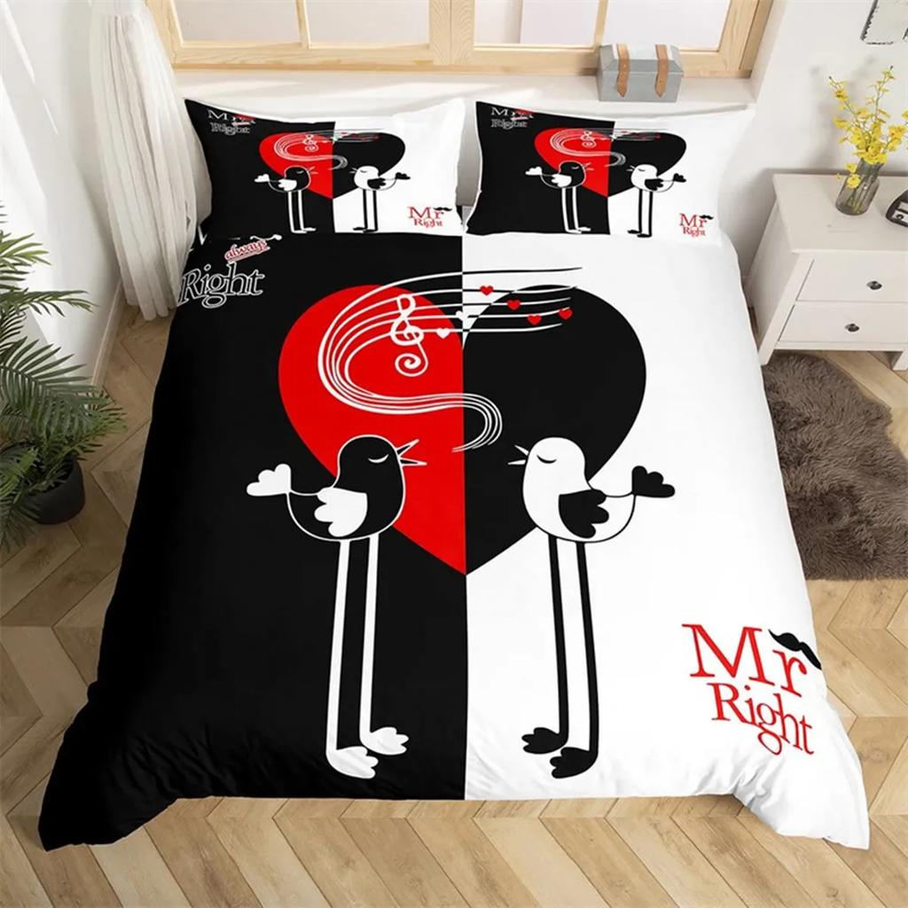 Couple Romantic Wedding Mr And Mrs Duvet Cover Microfiber Funny Quotes Love Heart Happiness Love Birds For Valentine'S Day Adult