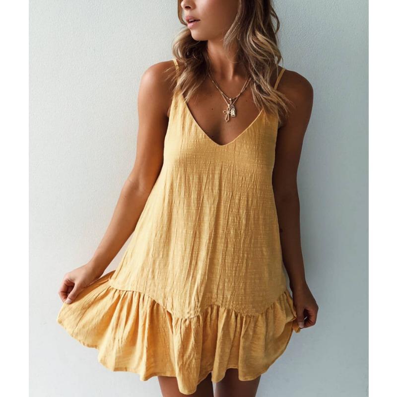 

Женская мода лето весна однотонный принт без рукавов V-образный вырез свободная талия повседневные платья XL жёлтый