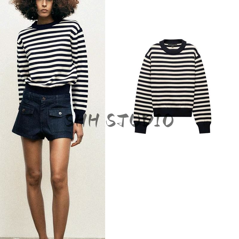 Spring New Women's Clothing Retro Crew Neck Long Sleeves Stripes Casual Short Sports Knitwear 5536009