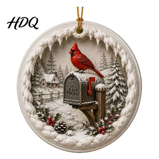 Festive Hanging Decor Acrylic Christmas Red Bird Ornament Snow Scene Pattern Xmas Tree Nature Inspired Seasonal Decorations Decor Retro Round