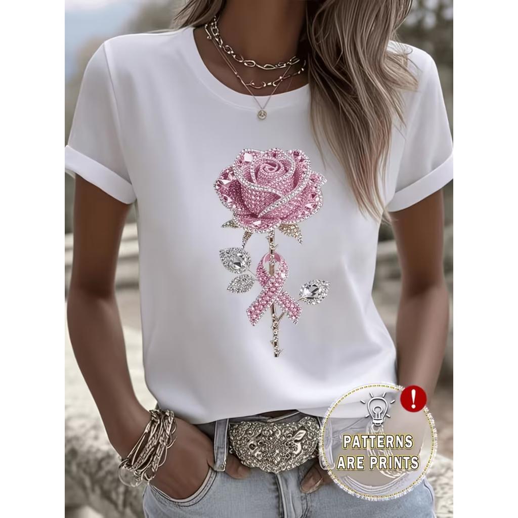 Exquisite Light Luxury Style Crystal Rose Print White T-Shirt for Women, Loose Fit Casual Short Sleeve, Essential for Summer Daily Wear