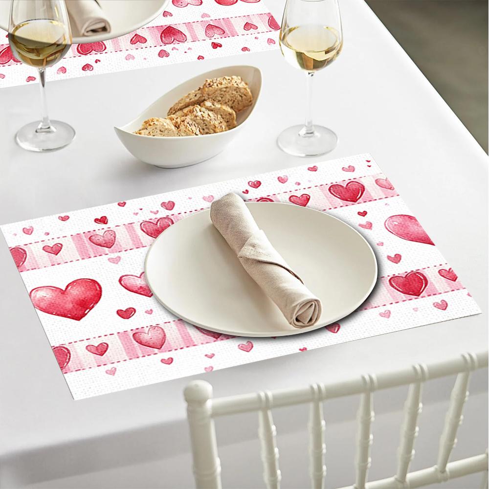1set/1pc/4pcs/6pcs Valentine'S Day Heart-Shaped Printed Placemats | Polyester, Heat-Insulating, Suitable for Home Decoration, Festival Dining