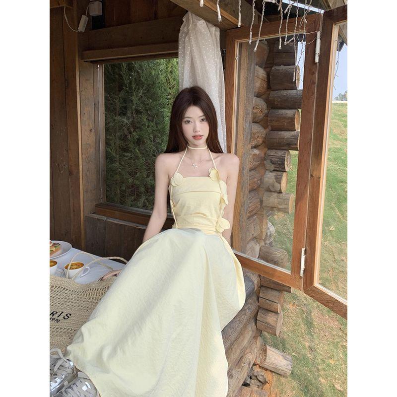 Kumikumi French Style Gentle Style Yellow Hanging Neck Tube Top Dress Women Summer Waist Hugging Slimming A- Line Skirt Long Dress