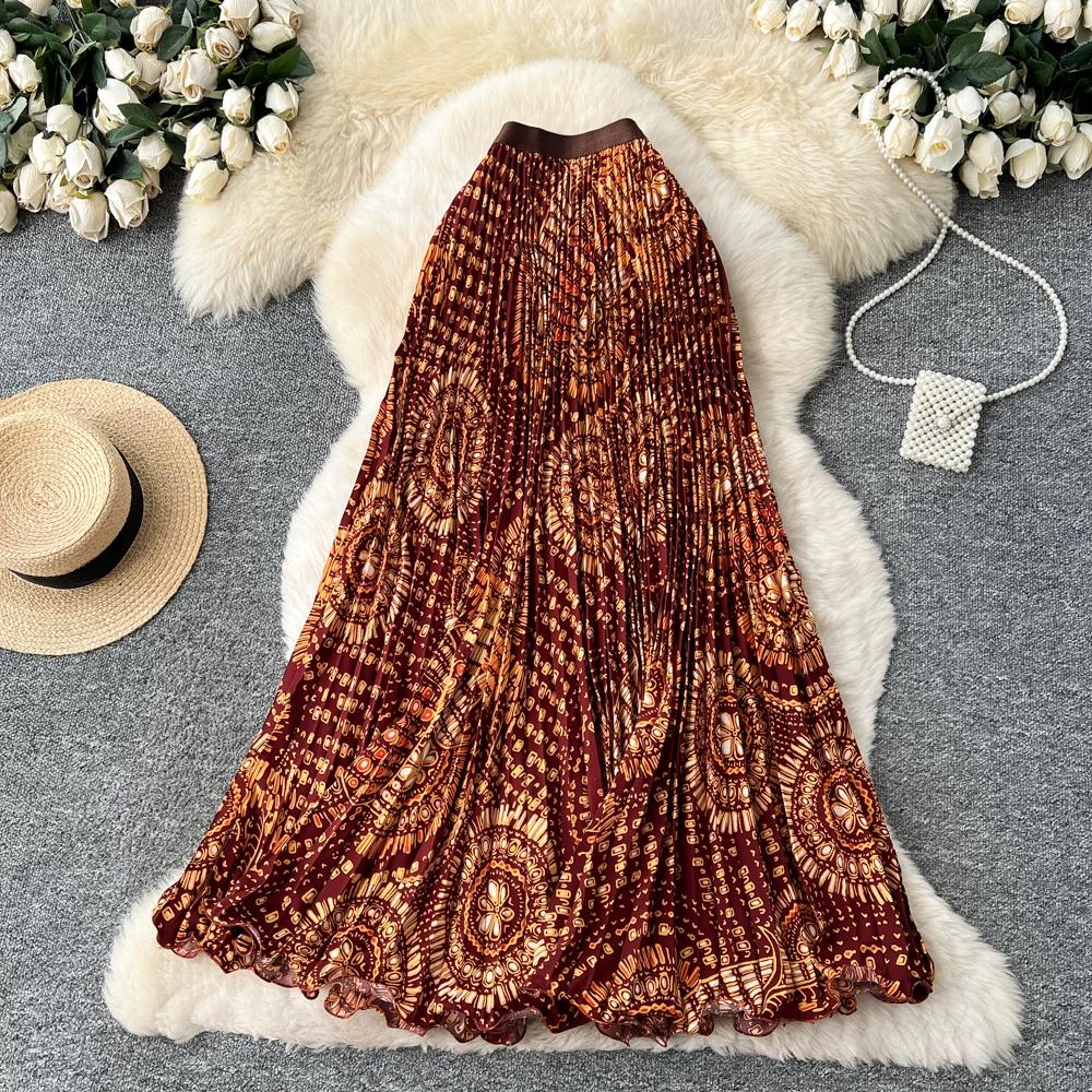 Spring Summer Women Elegant Print Elastic Waist Long Maxi Holiday Beach Pleated Skirt Only Have One Size