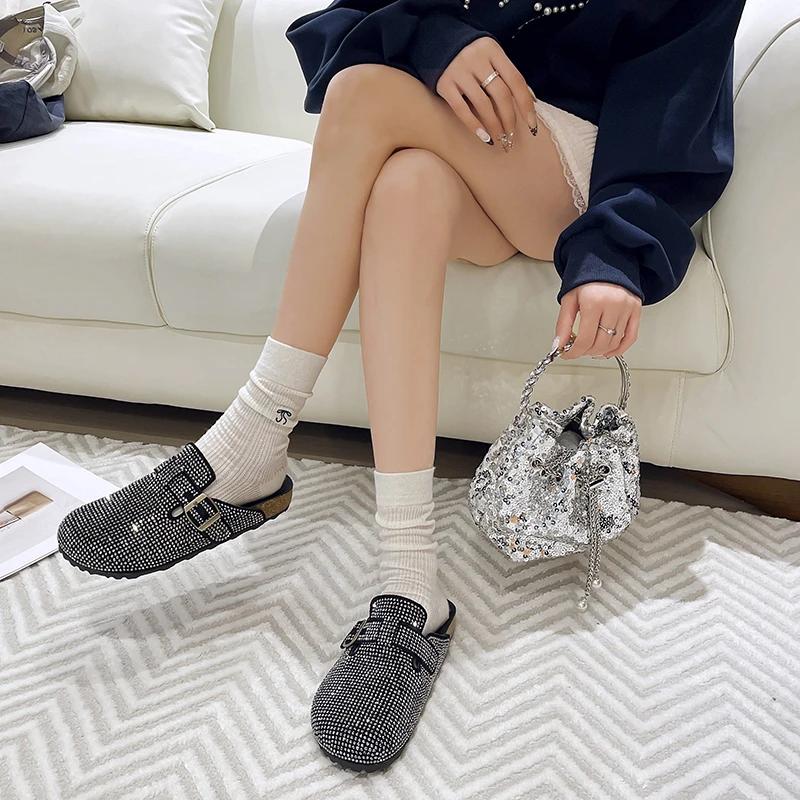 Women's Mules Flat Sole Rhinestones Cover Toe One Kick Women's Slippers Dress Retro Spring Autumn Zapatillas De Mujer