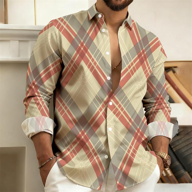 New Men's Shirt with Color Blocking Geometric Stripes, Long-Sleeved, Casual, Outdoor, Street Style, Fashionable Top