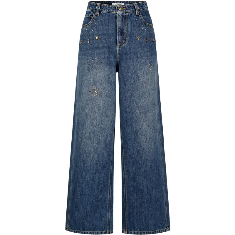 Juzhi Annakou Women's 100% Cotton Irregular Rhinestone Curved Denim Jeans