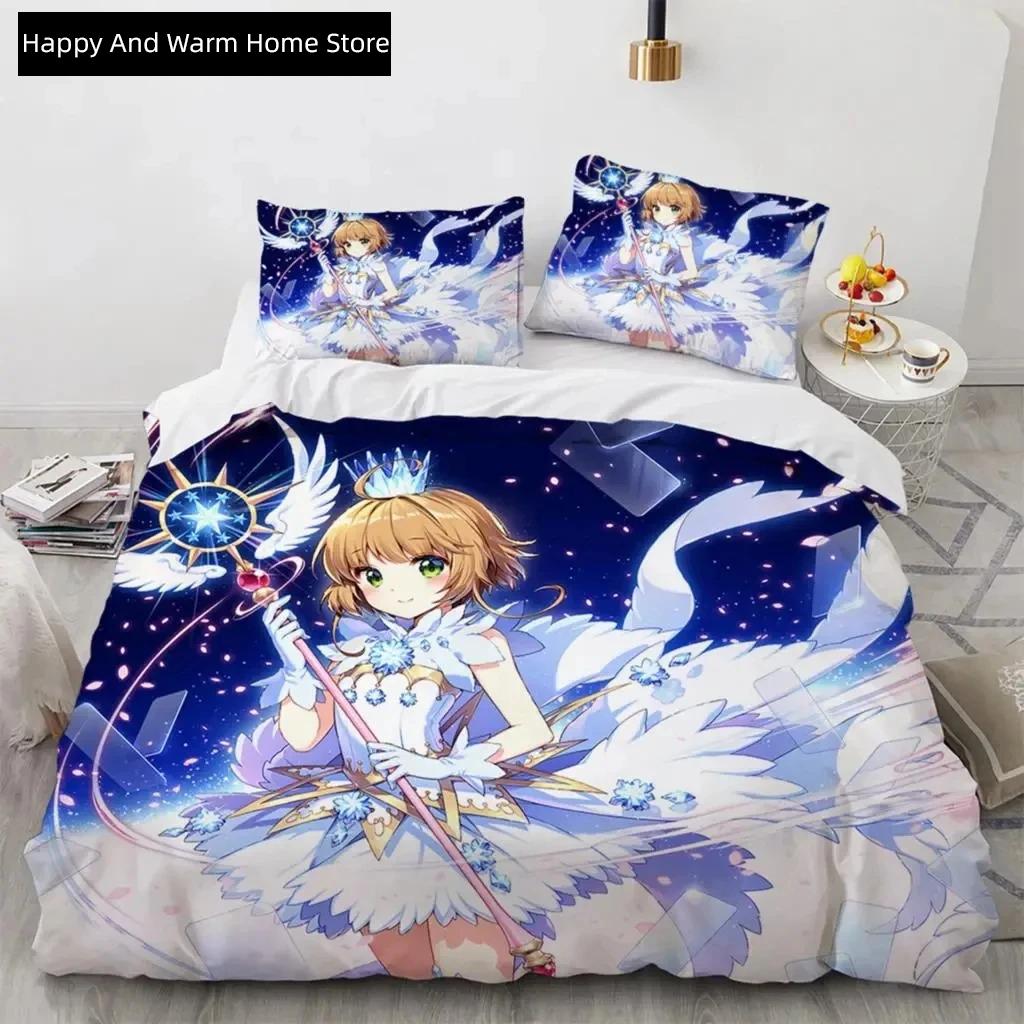 Anime Cardcaptor Sakura Beding Set,Soft Duvet Cover Warm Comforter Bed Linen Set Comfortable Quilt Cover Pilowcase,King Quen Twin Sized Dimensions