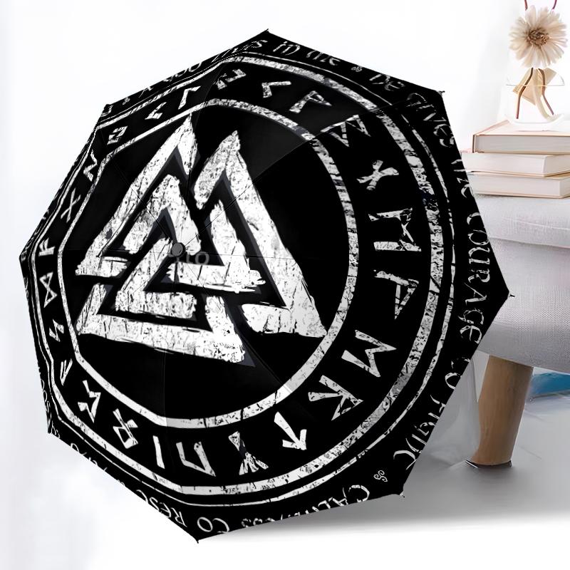 Valknut Print Automatic Umbrella, 8 Rib Iron Frame, Plastic Handle, Suitable for Outdoor Travel &Daily , Ideal Gift