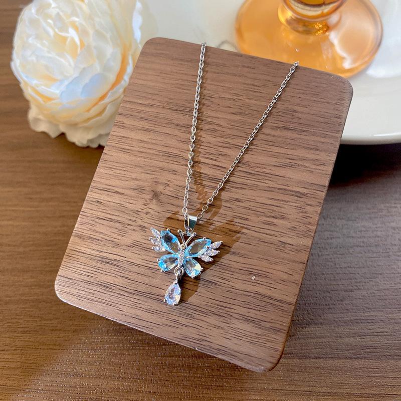 Blue Crystal Zircon Tassel Butterfly Choker Necklace Translucent Versatile Delicate Fresh Fairy