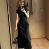 French gray short-sleeved dress women's new summer beautiful design sense drawstring waist slim skirt