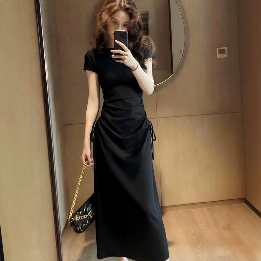 French gray short-sleeved dress women's new summer beautiful design sense drawstring waist slim skirt