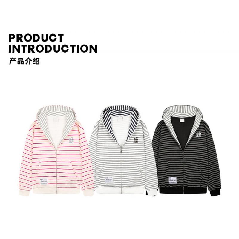 Unisex Oversized Hooded Zip-Up Sweatshirt With Striped Embroidery Detail Cotton Blend Fall Casual Wear