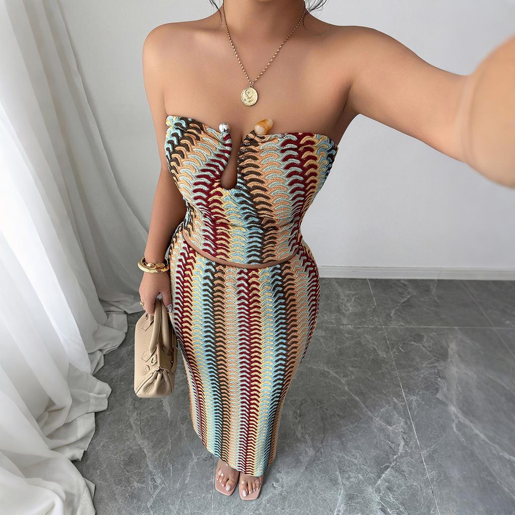 Elegant and Refined Style, Strapless Top Top, Hip-hugging Long Dress Set for Women's Summer