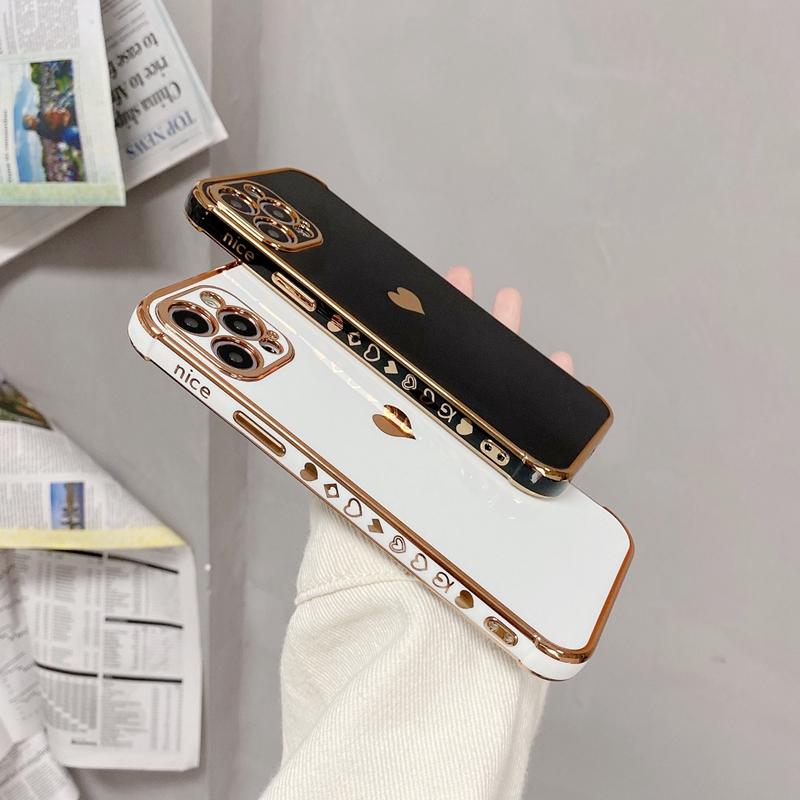 Funda Blanda Electrochapada con Corazón de Amor para iPhone 11 12 13 14 Pro Max Xs X Xr 7 8 Plus Mini Se 2020 Cubierta Bumper a Prueba de Golpes