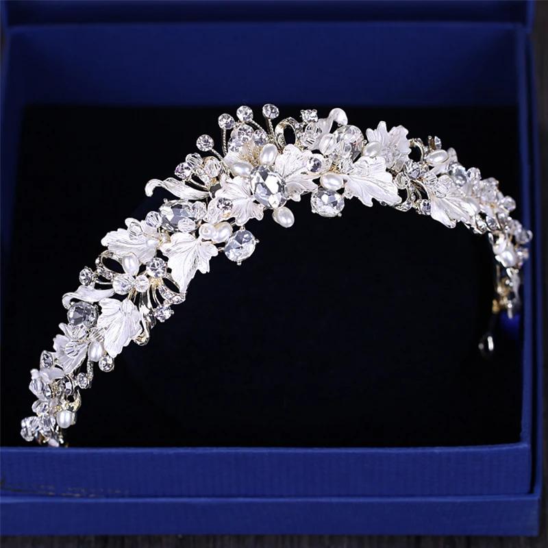 Trendy Rhinestone Pearl Crystal Crown Headband Flower Bride Hair Accessories Gold Crown Bride Wedding Crown Hair Accessories