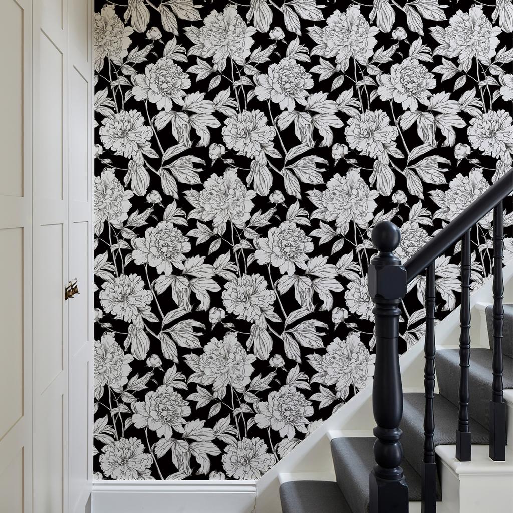 Black And White Floral Retro Wallpaper Peel And Stick Cabinet Sticker For Furniture Vintage Waterproof PVC Home Decor