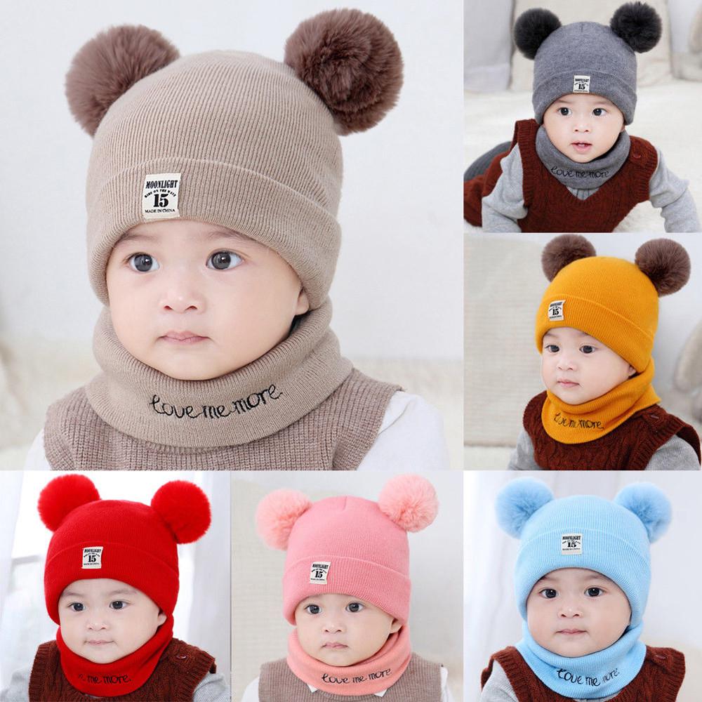 1 Set Baby Boy Girls Winter Warm Pom Bobble Beanie Ski Hat Cap Scarf Scarves AB