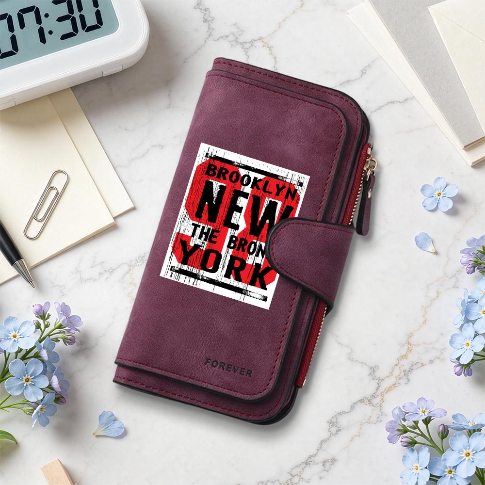 Vintage PU Leather Wallet Fashion New York Print Long Purse Casual Portable Multi Card Holder Daily Use Zipper Wallet