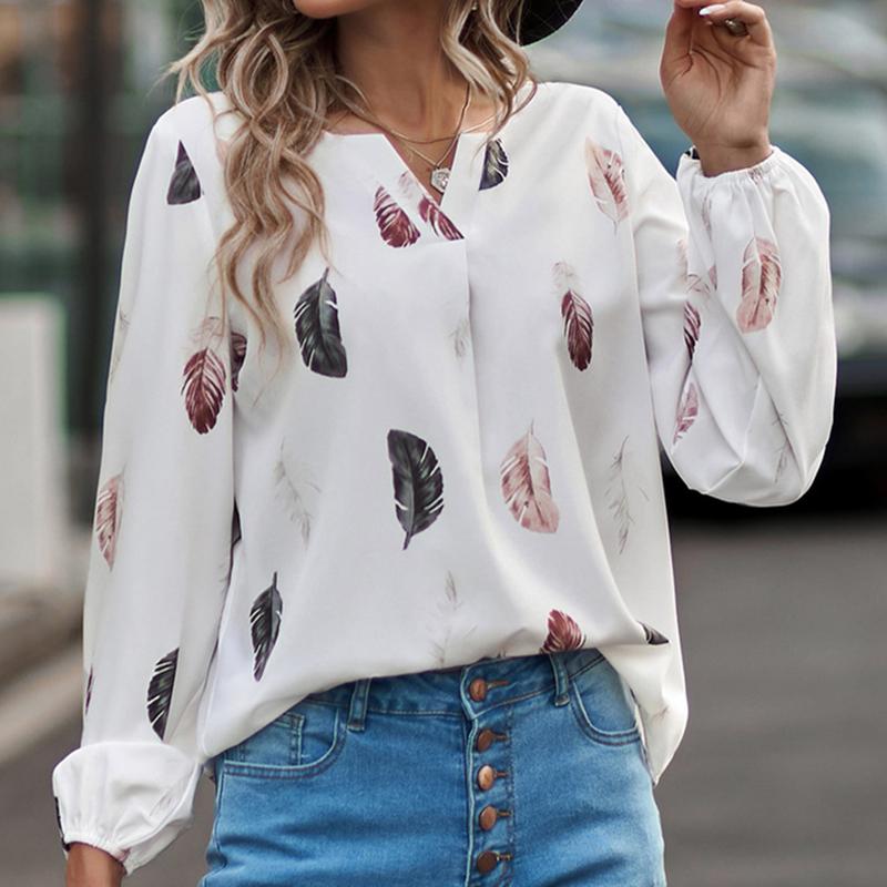 YYFS Women's Fashion Casual Fall Winter Feather Print Long Sleeve V-Neck Blouses & Shirts