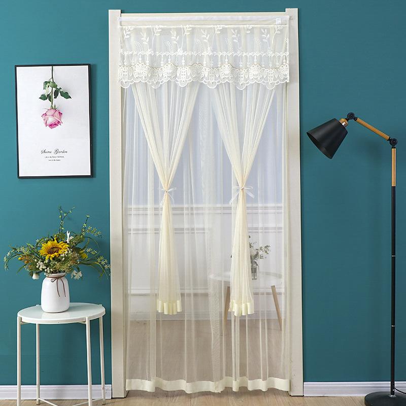 1PC Door Curtain Home Decoration Polyester Pleated Anti Mosquito Lace Embroidery Self Adhesive Double Layer