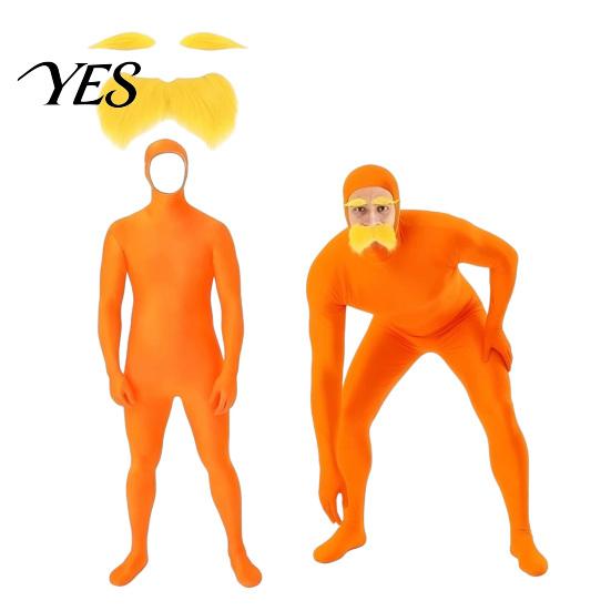 Fun Family Costume Face Open Halloween Costume, Unisex Full Body Orange Bodysuit with Beard Comfortable Eyebrows for Men Women, Adult Stretchy Cosplay