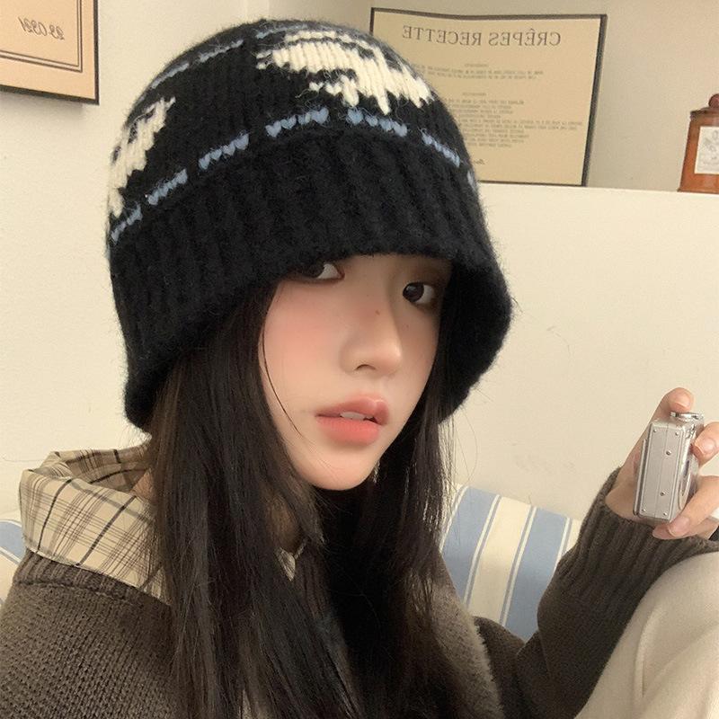Retro knitted hat women's autumn and winter versatile face small wool bucket hat thickened cold-proof warm hat