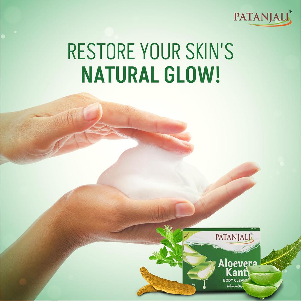 Patanjali Aloe Vera Kanti Body Cleanser Soap 150g X Pack Of 4 Nourishing Moisturizing Bath Bar For Soft Smooth Hydrated Skin