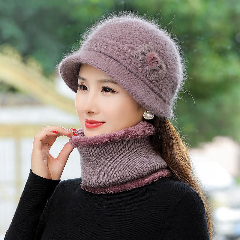 Middle-aged elderly scarf hat winter knitted wool hat female mother cold-proof rabbit fur hat grandmother old lady knitted