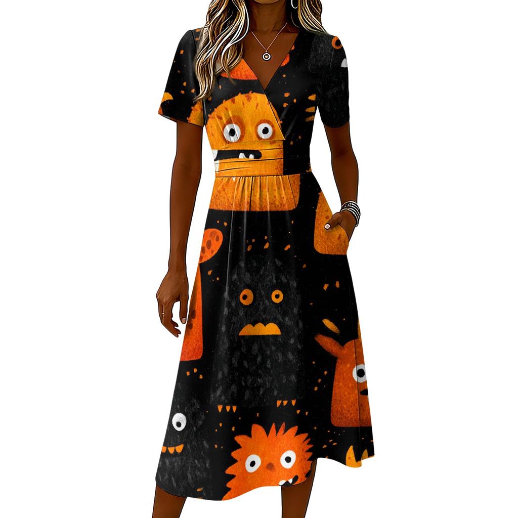 Women's Halloween Print Short Sleeve V-Neck Casual Dress