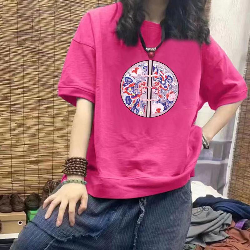 

Женская повседневная футболка с коротким рукавом из 100% хлопка - Новый свободный крой, Приталенный дизайн, Рукав до локтя, Большой размер, Модный принт M (85-100 jin)