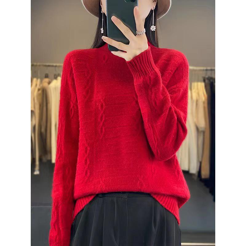 Women's High Neck Wool Sweater - Thick, Loose Knit Top for Autumn/Winter